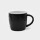 A black ceramic mug with a white interior and a sturdy handle. It has a smooth finish and a logo.
