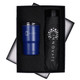 A drink bottle and a black umbrella in a black gift box, featuring a logo on both items. The tumbler is blue.