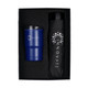 A drink bottle and tumbler in navy blue, packaged together in a black gift box with a logo.