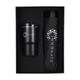 A drink bottle and black umbrella gift set in a black presentation box, featuring a logo.