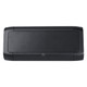 A black outdoor speaker and wireless power bank with a textured front surface and rounded edges. It features a logo.