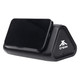A black outdoor speaker and wireless power bank with a triangular design, holding a smartphone on top.