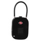 A black TSA lock with a metal shackle and a logo on the front.