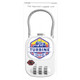 A white TSA-approved luggage lock with a silver shackle and a logo, featuring a four-digit combination dial.