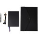 A black folder, notebook, pen, keychain, and USB cables in a promotional product layout.