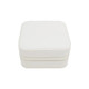 A white PU leather jewellery box with a squared shape and zipper closure. It features a subtle texture and a logo.