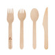 A set of wooden cutlery including forks, spoons, and knives, all in a natural wood colour. The cutlery features a logo.