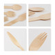 Disposable wooden cutlery in various sizes, including forks, spoons, and a 2-in-1 spoon and fork, all in light wood.