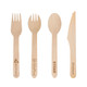 A set of disposable wooden cutlery including forks, spoons, knives, and a 2-in-1 spoon and fork, all in natural wood colour.