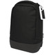A black backpack with a sleek design featuring a zippered closure and a sturdy base. It has a logo on the side.