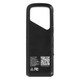 A black Bluetooth speaker with a unique shape and a logo, featuring a QR code and various technical details.