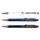 A set of three Columbia Aluminium Pens in white, blue, and black, featuring a logo on the blue and black pens.