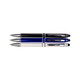 A set of three Columbia Aluminium Pens in black, blue, and white, featuring chrome accents and a sleek design.
