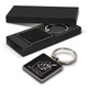 A square key ring with a leather-like texture, presented in a black box with a logo.