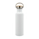 A drink bottle made of recycled aluminum with a white finish and a wooden top.