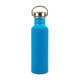 A drink bottle made of recycled aluminum, featuring a vibrant blue finish and a metal lid with a wooden accent.