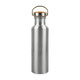 A drink bottle made of recycled aluminium featuring a sleek silver finish and a cork stopper with a metal handle.