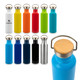 A drink bottle collection featuring various colours including blue, black, green, orange, yellow, and silver, with metal caps and one wooden lid.