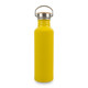 A drink bottle in bright yellow with a metal lid and wooden stopper. It features a logo on the side.