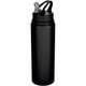A drink bottle made of recycled stainless steel, featuring a sleek black design and a clear straw lid.