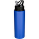 A drink bottle in vibrant blue, made of recycled stainless steel, featuring a black lid and a straw.