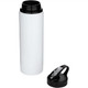 A drink bottle made of recycled stainless steel, featuring a white body and a black lid with a spout.