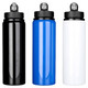 A drink bottle set featuring three colours: black, blue, and white, with a flip-top lid and logo.