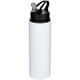 A drink bottle in white stainless steel with a black lid and spout, featuring a logo on the body.