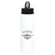 A drink bottle made of recycled stainless steel, features a white body and a black lid with a logo.