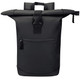 A black roll-top backpack with a secure buckle, featuring a front zipper pocket and sturdy handles on top.