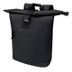 A black recycled roll-top backpack with adjustable straps and a zippered pocket on the back. It also features a logo.