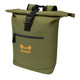 A green recycled roll-top backpack with a front zip pocket and a logo, featuring adjustable straps.