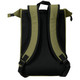 An olive green roll-top backpack featuring padded mesh shoulder straps and a top handle. It includes a logo.