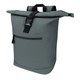 A grey roll-top backpack with a front zip pocket and adjustable straps. It has a sleek, modern design and a logo.