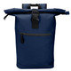 A navy blue roll-top backpack with a front zip pocket and a buckle closure, featuring a logo on the front.