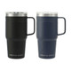 A drink bottle set featuring two mugs in black and navy, with a stainless steel lid and a handle. Each mug has a logo.