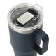 A drink bottle in navy blue with a transparent lid and a handle, featuring a logo on the lid.