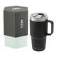 A drink bottle in matte black with a transparent lid, accompanied by its packaging. The bottle features a handle and branding.