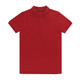 A red polo shirt with a classic collar and short sleeves, featuring a logo on the chest.