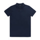 A navy blue men's polo shirt with a collar and three buttons, featuring a logo on the chest.