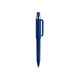 A blue plastic pen with a silver tip and an attached clip, featuring a logo.