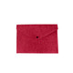 A red felt file folder featuring a flap closure and a black button for securing contents.