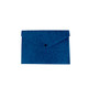 A blue felt file folder featuring a flap closure and a round button. It has a simple, textured finish.