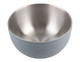 A double wall salad bowl in light grey with a stainless steel interior, featuring a logo.