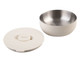 An insulated lunch bowl in cream colour featuring a stainless steel interior and a matching lid. It has a logo.