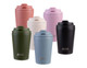 A drink bottle collection featuring six insulated coffee cups in pink, black, white, blue, green, and terracotta, each with a lid and branding.