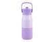 A drink bottle in shades of lavender with a handle and a logo, featuring an insulated design.