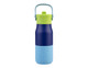 A drink bottle with a navy blue, light blue, and lime green design. It features a handle and a logo.