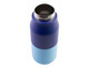 A drink bottle featuring a two-tone design with a navy upper and light blue lower section, complete with a logo.