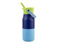 A drink bottle featuring a blue, navy, and green insulated design with a straw lid and a logo.